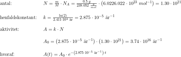 \small \begin{array}{lllllll} \textup{antal:} &N=\frac{m}{M}\cdot N_A = \frac{0.5\;g}{239.052\;\frac{g}{mol}} \cdot \left(6.0226.022\cdot 10^{23} \;mol^{-1}\right ) = 1.30 \cdot 10^{21}\\\\ \textup{henfaldskonstant: }&k=\frac{\ln(2)}{2.411 \cdot 10^4 \; \textup{\aa r}} = 2.875 \cdot 10^{-5} \; \textup{\aa r}^{-1} \\\\ \textup{aktivitet:} & A=k \cdot N\\\\ & A_0=\left( 2.875 \cdot 10^{-5} \; \textup{\aa r}^{-1} \right ) \cdot \left( 1.30 \cdot 10^{21}\right ) = 3.74 \cdot 10^{16}\; \textup{\aa r}^{-1}\\\\\textup{hvoraf:}& A(t) = A_0 \cdot e^{-\left( 2.875 \cdot 10^{-5} \; \textup{\aa r}^{-1} \right ) \cdot t} \end{array}