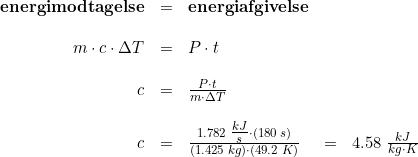 \small \begin{array}{rclcl} \textbf{energimodtagelse}&=&\textbf{energiafgivelse}\\\\ m\cdot c\cdot \Delta T&=&P\cdot t \\\\ c&=&\frac{P\cdot t}{m\cdot \Delta T}\\\\ c&=&\frac{1.782\; \tfrac{kJ}{s}\cdot (180\; s)}{(1.425\; kg)\cdot\left ( 49.2\; K \right )}&=&4.58\; \tfrac{kJ}{kg\cdot K} \end{array}