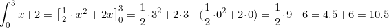 \small \int_0^3 x+2 = \begin{bmatrix} \frac{1}{2}\cdot x^2+2x\\ \end{bmatrix}^3_0 = \frac{1}{2}\cdot 3^2+2\cdot 3-(\frac{1}{2}\cdot 0^2+2\cdot 0) = \frac{1}{2}\cdot 9+6 = 4.5+6 = 10.5