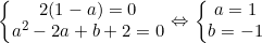 \small \left\{\begin{matrix} 2 (1 - a) = 0\\ a^{2} - 2a + b + 2 = 0 \end{matrix}\right. \Leftrightarrow \left\{\begin{matrix} a = 1\\ b = -1 \end{matrix}\right.