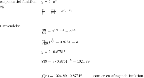 \small \small \begin{array}{llll}\textup{eksponentiel funktion:} &y=b\cdot a^x\\\textup{og}\\&\frac{y_2}{y_1}=\frac{a^{x_2}}{a^{x_1}}=a^{x_2-x_1}\\\\\\\textup{i anvendelse:} \\&\frac{601}{839}=a^{4.0-1.5}=a^{2.5}\\\\& \left (\frac{601}{839} \right )^{\frac{1}{2,5}}=0.8751=a \\\\&y=b\cdot0.8751^x\\\\&839=b\cdot0.8751^{1.5} =1024.89\\\\\\&f(x)=1024.89\cdot 0.8751^x&\textup{som er en aftagende funktion.} \end{array}