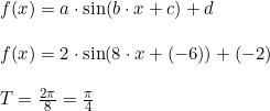 \small \small \begin{array}{lllll} f(x)=a\cdot \sin(b\cdot x+c)+d\\\\ f(x)=2\cdot \sin(8\cdot x+(-6))+(-2)\\\\ T=\frac{2\pi}{8}=\frac{\pi}{4} \end{array}