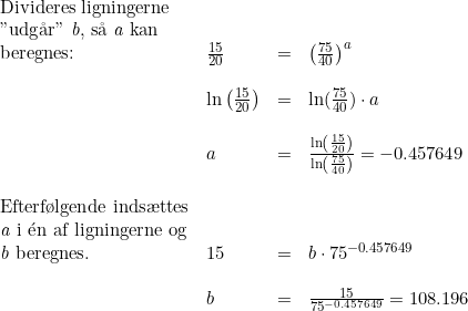 \small \small \begin{array}{llllll} \textup{Divideres ligningerne}\\ \textup{"udg\aa r" \textit{b}, s\aa \ \textit{a} kan}\\ \textup{beregnes:}&\frac{15}{20}&=&\left (\frac{75}{40} \right )^a\\\\& \ln\left ( \frac{15}{20} \right )&=&\ln(\frac{75}{40})\cdot a\\\\& a&=&\frac{\ln\left (\frac{15}{20} \right )}{\ln\left ( \frac{75}{40} \right )}=-0.457649 \\\\ \textup{Efterf\o lgende inds\ae ttes}\\ \textup{\textit{a} i }\mathrm{\acute{e}}\textup{n af ligningerne og}\\ \textup{\textit{b} beregnes.} &15&=&b\cdot 75^{-0.457649}\\\\&b&=&\frac{15}{75^{-0.457649}}=108.196 \end{array}