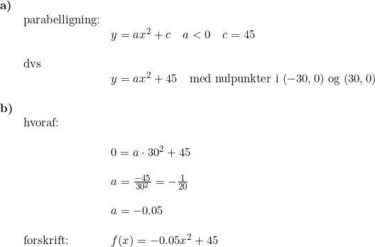 \small \small \begin{array}{llllll}\textbf{a)}\\& \textup{parabelligning:}\\&& y=ax^2+c\quad a<0\quad c=45\\\\& \textup{dvs}\\&& y=ax^2+45\quad \textup{med nulpunkter i }(-30,0)\textup{ og }(30,0)\\\\ \textbf{b)}\\& \textup{hvoraf:}\\\\&& 0=a\cdot 30^2+45\\\\&& a=\frac{-45}{30^2}=-\frac{1}{20}\\\\&& a=-0.05\\\\&\textup{forskrift:}& f(x)=-0.05x^2+45 \end{array}