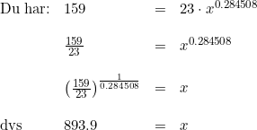 \small \small \begin{array}{lllllll} \textup{Du har:}&159&=&23\cdot x^{0.284508}\\\\ &\frac{159}{23}&=& x^{0.284508}\\\\ &\left (\frac{159}{23} \right )^{\frac{1}{0.284508}}&=&x\\\\ \textup{dvs}&893.9&=&x \end{array}