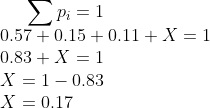 Pi=1 0.57 + 0.15 + 0.11 + X = 1 0.83+X1 X = 1-0.83 X = 0.17