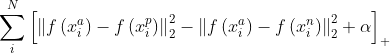 \sum_{i}^{N}\left[\left\|f\left(x_{i}^{a}\right)-f\left(x_{i}^{p}\right)\right\|_{2}^{2}-\left\|f\left(x_{i}^{a}\right)-f\left(x_{i}^{n}\right)\right\|_{2}^{2}+\alpha\right]_{+}