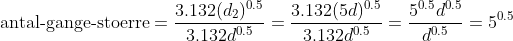 \text{antal-gange-stoerre} =\frac{3.132(d_2)^{0.5}}{3.132d^{0.5}}=\frac{3.132(5d)^{0.5}}{3.132d^{0.5}}=\frac{ 5^{0.5}d^{0.5}}{d^{0.5}}=5^{0.5}