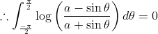 \therefore \int_{\frac{-\pi}{2}}^{\frac{\pi}{2}} \log \left(\frac{a-\sin \theta}{a+\sin \theta}\right) d \theta=0