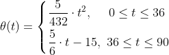 \theta(t) = \left\{\begin{aligned} &\frac{5}{432}\cdot t^2,\ \ \ \ 0\leq t\leq 36 \\ &\frac{5}{6}\cdot t - 15,\ 36\leq t\leq 90 \end{aligned}\right.