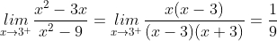 \underset{x\rightarrow 3^{+}}{lim}\frac{x^{2} - 3x}{x^{2} - 9}=\underset{x\rightarrow 3^{+}}{lim}\frac{x(x - 3)}{(x - 3)(x + 3)}=\frac{1}{9}