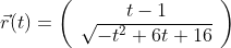 \vec{r}(t)=\left( \begin{array}{c} t-1\\ \sqrt{-t^2+6t+16}\\ \end{array} \right)