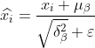 \widehat{x_{i}}=\frac{x_{i}+\mu _{\beta }}{\sqrt{\delta _{\beta }^{2}}+\varepsilon }