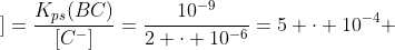 [B^+]=frac{K_{ps}(BC)}{[C^-]}=frac{10^{-9}}{2 cdot 10^{-6}}=5 cdot 10^{-4} ; mol/L