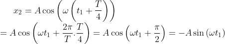 {{x}_{2}}=A\cos \left( \omega \left( {{t}_{1}}+\frac{T}{4} \right) \right)\\=A\cos \left( \omega {{t}_{1}}+\frac{2\pi }{T}.\frac{T}{4} \right)=A\cos \left( \omega {{t}_{1}}+\frac{\pi }{2} \right)=-A\sin \left( \omega {{t}_{1}} \right)