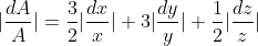 |\frac{dA}{A}|=\frac{3}{2}|\frac{dx}{x}|+3|\frac{dy}{y} | + \frac{1}{2} |\frac{dz}{z}|