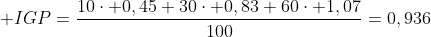  IGP=frac{10cdot 0,45+30cdot 0,83+60cdot 1,07}{100}=0,936