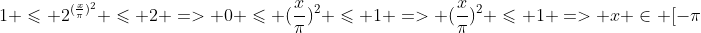 1 leqslant 2^{(frac{x}{pi})^{2}} leqslant 2 => 0 leqslant (frac{x}{pi})^{2} leqslant 1 => (frac{x}{pi})^{2} leqslant 1 => x in [-pi;pi]