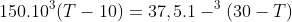 150.10^3(T-10)=37,5.1-^3(30-T)