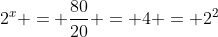2^x = frac{80}{20} = 4 = 2^2