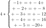 4*left{egin{matrix}-1 = -4 \ -2 = -8\ -3 = -12\ -4 = -16\ -5=-20 end{matrix}ight.