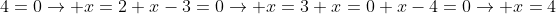 \x^2-4x+4=0ightarrow x=2\ x-3=0ightarrow x=3\ x=0\ x-4=0ightarrow x=4