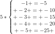 5*left{egin{matrix}-1 =-5\ -2 = -10\ -3 = -15\ -4 = -20\ -5 =-25 end{matrix}ight.