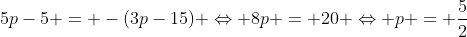 5p-5 = -(3p-15) Leftrightarrow 8p = 20 Leftrightarrow p = frac{5}{2}
