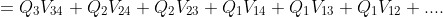 W_{E} =Q_{3}V_{34}+Q_{2}V_{24}+Q_{2}V_{23}+Q_{1}V_{14}+Q_{1}V_{13}+Q_{1}V_{12}+.... EQN(II)