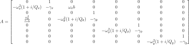 A=\begin{bmatrix} 0 & 1 & 0 & 0 & 0 & 0 & 0 & 0 \\ -\omega_x^2(1+i/Q_{x}) & -\gamma_x & \omega_xb & 0 & 0 & 0 & 0 & 0 \\ 0 & 0 & 0 & 1 & 0 & 0 & 0 & 0 \\ \frac{\omega_{\theta}^2}{l+b} & 0 & -\omega_{\theta}^2(1+i/Q_{\theta}) & -\gamma_{\theta} & 0 & 0 & 0 & 0 \\ 0 & 0 & 0 & 0 & 0 & 1 & 0 & 0 \\ 0 & 0 & 0 & 0 & -\omega_{\phi}^2(1+i/Q_{\phi}) & -\gamma_{\phi} & 0 & 0 \\ 0 & 0 & 0 & 0 & 0 & 0 & 0 & 1 \\ 0 & 0 & 0 & 0 & 0 & 0 & -\omega_{y}^2(1+i/Q_{y}) & -\gamma_{y}\end{bmatrix}