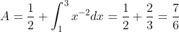 A=\frac{1}{2}+\int_{1}^{3}x^{-2}dx=\frac{1}{2}+\frac{2}{3}=\frac{7}{6}