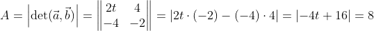 A=\left | \det(\vec{a},\vec{b}) \right |=\begin{Vmatrix} 2t &4 \\ -4&-2 \end{Vmatrix}=\left | 2t\cdot(-2) -(-4)\cdot4\right |=\left | -4t+16 \right |=8