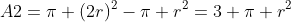A2=pi (2r)^2-pi r^2=3 pi r^2