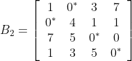 B_{2}=\left[\begin{array}{cccc} 1 & 0^{*} & 3 & 7 \\ 0^{*} & 4 & 1 & 1 \\ 7 & 5 & 0^{*} & 0 \\ 1 & 3 & 5 & 0^{*} \end{array}\right]