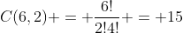 C(6,2) = frac{6!}{2!4!} = 15