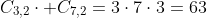 C_{3,2}cdot C_{7,2}=3cdot7cdot3=63