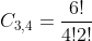 C_{3,4}=frac{6!}{4!2!}