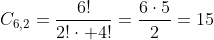 C_{6,2}=frac{6!}{2!cdot 4!}=frac{6cdot5}{2}=15