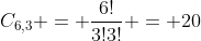 C_{6,3} = frac{6!}{3!3!} = 20