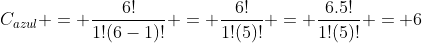 C_{azul} = frac{6!}{1!(6-1)!} = frac{6!}{1!(5)!} = frac{6.5!}{1!(5)!} = 6
