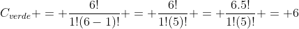 C_{verde} = frac{6!}{1!(6-1)!} = frac{6!}{1!(5)!} = frac{6.5!}{1!(5)!} = 6