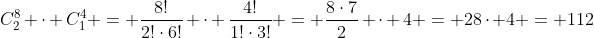 C_2^{8} cdot C_1^{4} = frac{8!}{2!cdot6!} cdot frac{4!}{1!cdot3!} = frac{8cdot7}{2} cdot 4 = 28cdot 4 = 112