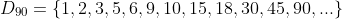 D_{90}={1,2,3,5,6,9,10,15,18,30,45,90,...}