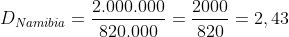 D_{Namibia}=frac{2.000.000}{820.000}=frac{2000}{820}=2,43