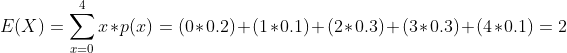 E(X)= x*p(2) = (0*0.2)+(1+0.1)+(2+0.3)+(3*0.3)+(4*0.1) = 2 r=0