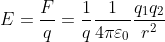 E=\frac{F}{q}=\frac{1}{q}\frac{1}{4\pi \varepsilon_0}\frac{q_1q_2}{r^2}