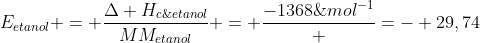 E_{etanol} = frac{Delta H_{c;etanol}}{MM_{etanol}} = frac{-1368;kJ;mol^{-1}}{46;g;mol^{-1}} =- 29,74;kJ;g^{-1}