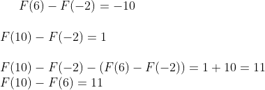 F(6)-F(-2)=-10\\ \\ F(10)-F(-2)=1\\ \\ F(10)-F(-2)-(F(6)-F(-2))=1+10=11\\ F(10)-F(6)=11