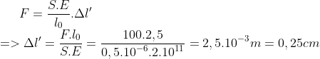 F=\frac{S.E}{{{l}_{0}}}.\Delta l' \\=>\Delta l'=\frac{F.{{l}_{0}}}{S.E}=\frac{100.2,5}{0,{{5.10}^{-6}}{{.2.10}^{11}}}=2,{{5.10}^{-3}}m=0,25cm