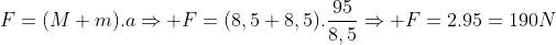 F=(M+m).aRightarrow F=(8,5+8,5).frac{95}{8,5}Rightarrow F=2.95=190N